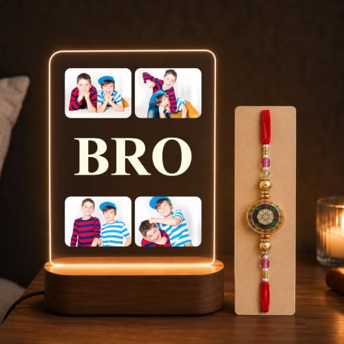 Image of Giftplease Customized Acrylic Photo Frame LED Light Lamp & Premium Rakhi Set for Brother | Personalized Rakshabandhan Gift Combo Pack with Roli Chawal & Greeting Card | Best Rakhi Gift for Bhaiya