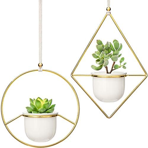 Mkono 2 Pcs Mini Hanging Planter Vase Set, 3.5" White Ceramic Plant Pot with Gold Metal Geometric Plant Hanger Modern Window Ceiling Planters for Small Succulent Cactus Herb Air Plant (Pots Included)