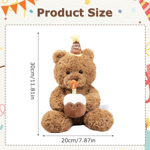 SKIKHN Teddy Plüschtier, 30cm Stofftier Teddy, Teddybär mit Kuchen und Hat, Niedliche Kuscheltier Plüschbär, für Babyparty Deko, Geschenke für Geburtstag, Weihnachten, Valentinstag