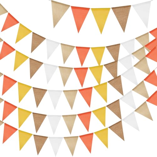 G2PLUS Orange et Jaune Fanion Jute Guirlande Fanions Toile de Jute,20M avec 60PCS Drapeau Triangulaire en Lin Imitation Résistant aux Intempéries pour...