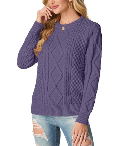 Image of GRECERELLE Women's 2026 Fall & Winter Fashion Sweater Crewneck Long Sleeve Cable Knit Chunky Vintage Casual Pullover Tops