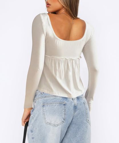 Long Sleeve Babydoll Tops for Women Square Neck Peplum Henley Coquette Going Out Tops3