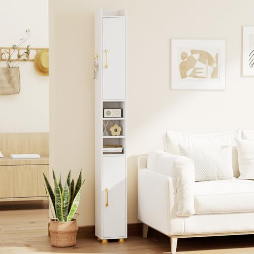 Image of Tangkula Narrow Bathroom Cabinet, 69.5 inch Tall Storage with 2 Doors & Adjustable Shelves, Toilet Paper Rod & Side Hook, Anti-toppling Design, Slim Floor Cabinet for Small Spaces (White, 1 Pack)