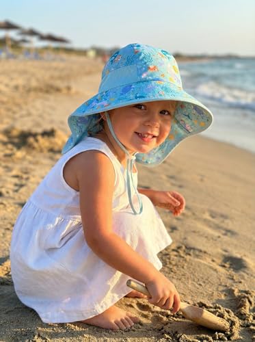 Image of icolor Kids Sun Hat UPF50+ Sun Protection Bucket Hat Toddler Summer Beach Play Hats with Neck Flap for Girl Boy Ages 3~10