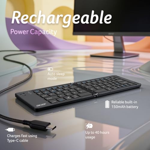 Image of Acer MiniFold Foldable Bluetooth Keyboard, Ultra Portable 66-Key Wireless Keyboard, Bluetooth 5.0, Rechargeable Battery, Type-C Charging, 150mAh Battery, for Windows, Android, iOS, Tablets & Laptops
