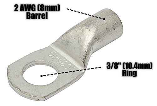 4 Pack - 2 Gauge - 3/8" Ring - Tinned Copper Marine Battery Welding Lug Terminal Connectors - Dual Wall Adhesive Heat Shrink Included #TOP1