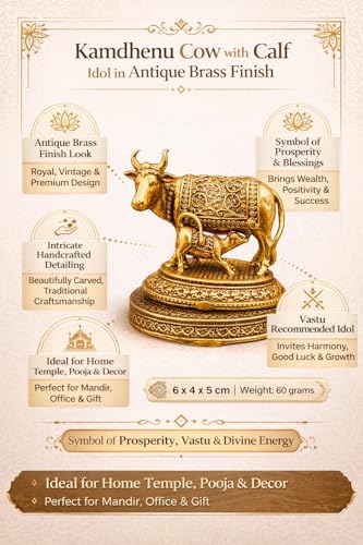 Image of Kamdhenu Cow with Calf Idol in Brass for Home Temple | Gau MATA Murti for Pooja, Vastu & Prosperity | Small Decorative Cow Statue for Office, Gift & Spiritual Decor (2 Inch(60 Gram))