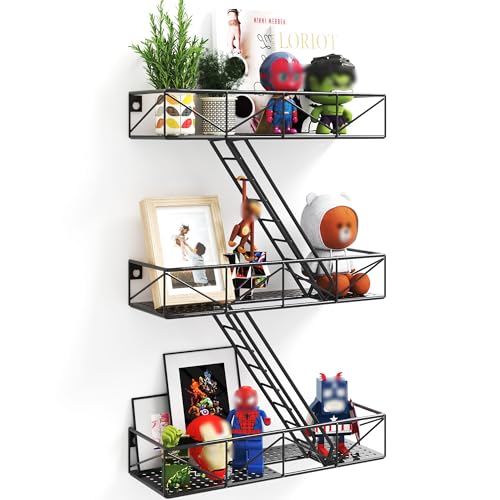 MVPSONAG Mensola da parete antincendio con cestino, 3 ripiani, nera, scala antincendio, organizer da parete, mensole decorative in metallo New York, mensole decorative per fai da te, statuette