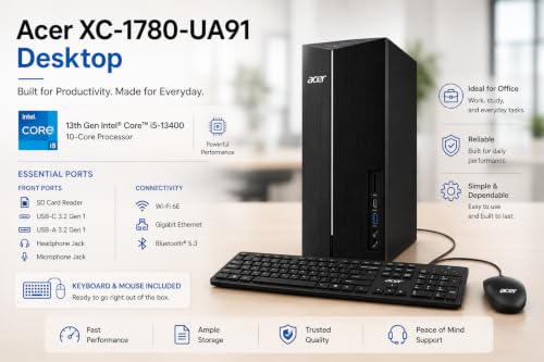 Image of Customized Acer Aspire Desktop Tower, Intel i5-13400 (10 Cores), 8GB / 16GB / 32GB RAM, 1.5TB / 2TB / Storage, 2 x HDMI Support Dual 4K Monitor, Wins 11, Wired KB & Mouse