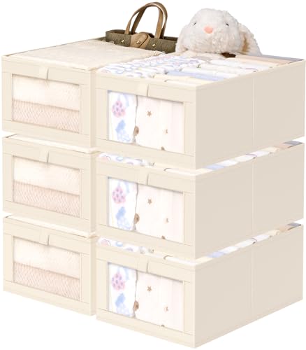 Image of Criusia 6 Pack Linen Closet Organizers and Storage, Large Linen Closet Baskets for Organization, Foldable Storage Containers for Clothing, Towels, Toys, Jeans, Books, Shelves, Beige
