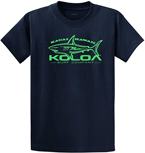 Joe's USA Koloa Surf Great White Shark Logo Heavy Cotton T-Shirt, 4XLT, Navy - Neon