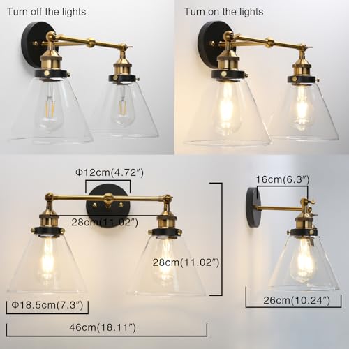 Image of PERMO Industrial 2-Lights Wall Sconces with Dual Funnel Clear Glass Shade Double Sconce Antique Wall Sconce for Mirror Hallway Bedroom, Hardwired, E26 Base