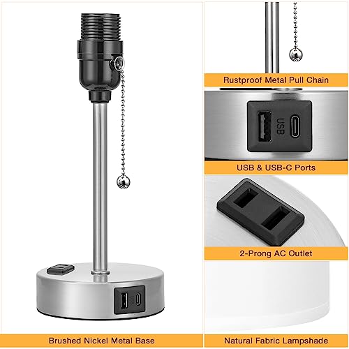 Image of White Bedside Lamp for Bedroom - 3 Color Temperatures Desk Lamp with USB C and A Ports, Pull Chain Table Lamp with AC Outlet, Nightstand Lamp with Silver Metal Base for Kids Girls