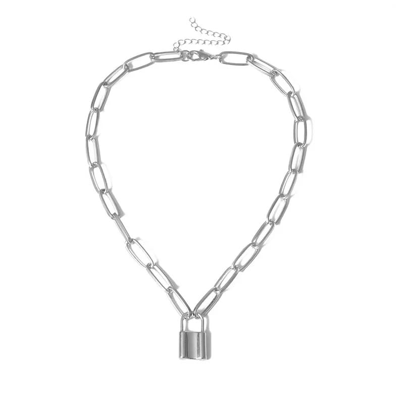 Colliers punk pour femmes avec chaîne creuse et pendentif cadenas léger