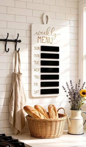 Farmhouse Wood Chalkboard Menu Board – Weekly Meal Planner with Rustic Finish, Wall-Mounted Family Weekly Planner Sign for Kitchen, Dining Room, 7.25 x 0.5 x 19 Inches