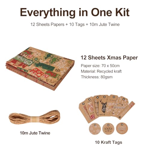 Haipicho 12 Sheets Christmas Wrapping Paper Set - 70x50cm Recycled Kraft Sheets with 10 Tags & 10m Twine - 6 Vintage Designs Eco Friendly Gift Wrap for Men Women Kids (Folded Flat) - Image 4
