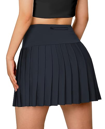 SANGTREE Women's Quick Dry Pleated Tennis Skorts Skirts, High Waisted Cute Running Golf Athletic Mini Skirt with Shorts Pockets, Navy, US M