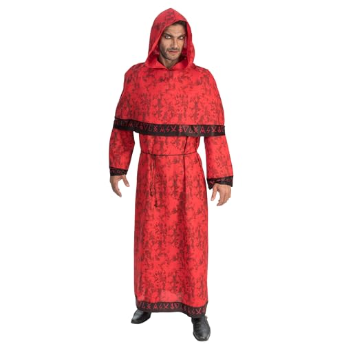 Chaks - Costume de diable rouge avec runes, tunique et capuche, taille unique pour adultes, déguisement de démon pour Halloween et carnaval