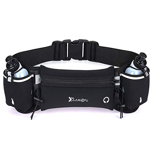Wanlxc Ceinture de course avec bouteilles d'eau (2 x 175 ml) - Ceinture d'hydratation - Sac banane étanche et réglable - Pour course à pied, cyclisme, fitness, entraînement, randonnée, exercice (noir) Cover