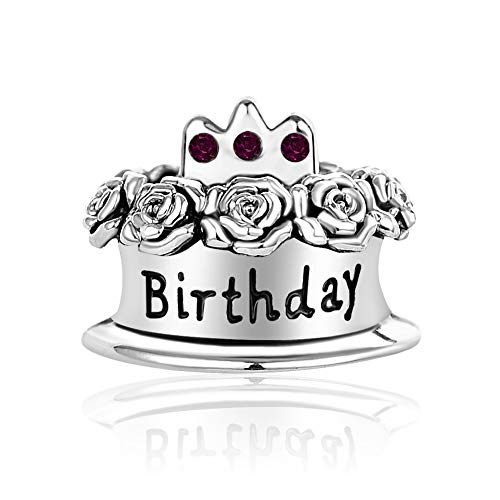 Image of Birthstones Happy Birthday Cake Charms Compatible with Pandora Charms Moments Bracelets Candle Crown Celebration Beads