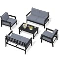SERWALL HDPE Patio Furniture Set, 5 Piece All Weather Wood-Like Sectional Outdoor Furniture Set for Deck, Lawn, Black Patio Sofa Couch with Grey Cushions