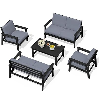 SERWALL HDPE Patio Furniture Set, 5 Piece All Weather Wood-Like Sectional Outdoor Furniture Set for Deck, Lawn, Black Patio Sofa Couch with Grey Cushions