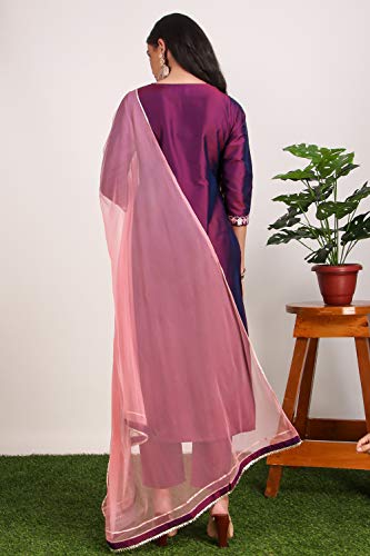 Image of Women Purple Layered Thread Work Kurti with Trousers with Dupatta-5049-P