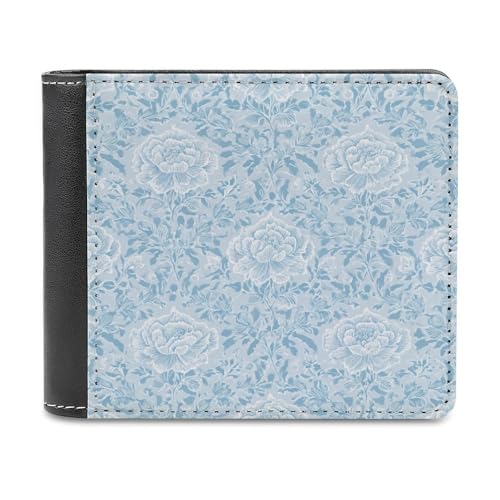 Pastel Blue Embroidery Style Roses Soft PU Leather Bifold Wallet, Coin Purse Credit Pass Case, Durable Card-Holder Slim Billfold for Men Woman Money Storage