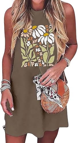 Image of Sun Salt Sand Coconut Tree Tank Mini Dress for Women Casual Loose Sleeveless Beach Praty Shirts Summer Vacation Short Dress