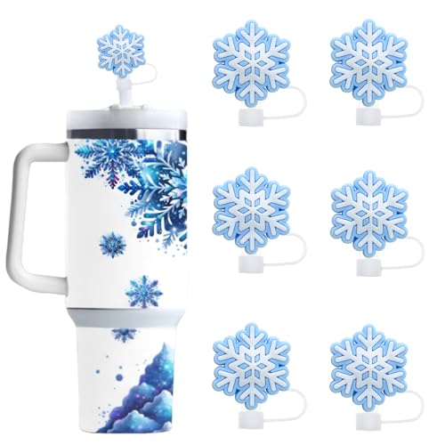 6Pcs Christmas Snowflake Straw Covers Cap for Stanley Cup, 10mm Snowflake Straw Toppers Reusable Winter Straw Cap Stopper Blue White Snowflake Xmas Stanley Straw Caps Silicone Stanley Cup Accessories