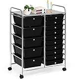 HAPPYGRILL 15-Drawer Rolling Cart, Storage Carts with Removable Drawers & Steel Frame, Utility Cart on Lockable Wheels for Home, School, Office, Black