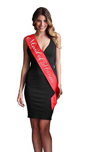 Red Maid of Honor Sash Bachelorette Party - Crystal Flirty Maid of Honor Bridal Party Premium Satin Sash - Bridal Shower Supplies & Decorations - Red2
