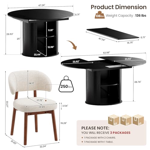 Image of MALOL 47 inch-63 inch Extendable Round to Oval Dining Room Table Chairs Set for 4-8, Modern Wooden Kitchen Table and Chairs with Hidden Storage and Fluted Design for Dining Room /Small Space(Black and Beige)
