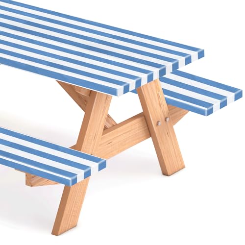 SmoothNovelty Picnic Table Cover with Bench Covers 72 x 30 Inch Waterproof Elastic Fitted Outdoor Stripe Tablecloth for 6 ft Rectangle Tables, School Camping Accessories Park(Light Blue and White)