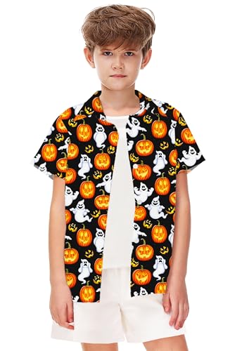 Image of Remimi Unisex Kids Halloween Shirt Boys Pumpkin Ghost Shirts Hawaii Button Up Tops 5-14 Years