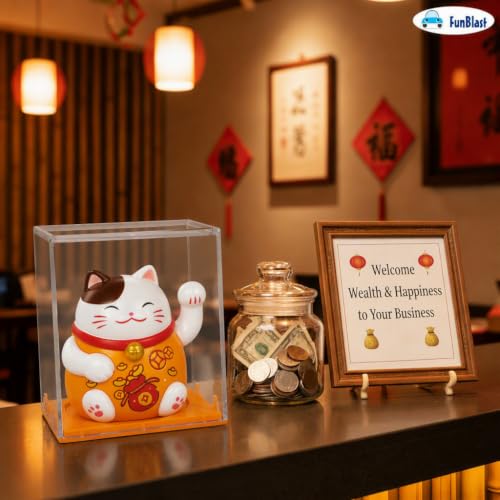 Image of FunBlast Maneki Neko Lucky Cat, Waving Arm Solar Powered Good Luck Wealth Welcoming Display Car Decor Paw Up with Arm, Decor Item for Home, Office and Car (Orange)
