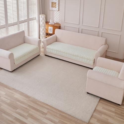 Image of HOKIPO 'BelleLace Series' 6 Seater Sofa Cover Mat in 3 Seater and 2 Seater and 1 Seater Configuration | Imperial Milk Velvet Mat with Anti Slip Backing, Pearl White (AR-5966+5964+5962-WHT)