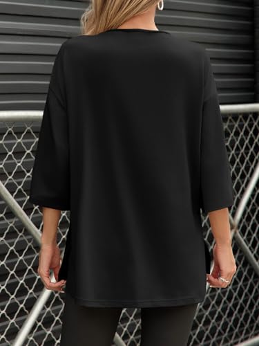 Fisoew Womens Oversized T Shirts Casual 3/4 Sleeve Side Slit Workout Gym Loose Fit Summer Tee Tunic Tops4