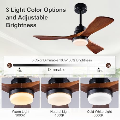 Image of 42 Inch Outdoor Ceiling Fans with Lights and Remote Control, Dimmable Outdoor Ceiling Fans for Patios 3 Blade Wood Black Walnut Bedroom Ceiling Fan with Light, Wall Switch