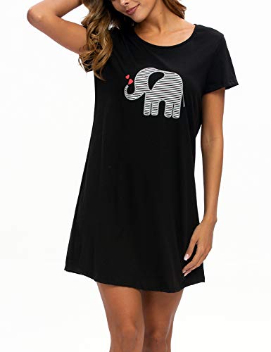 Enjoynight Womens Cotton Nightgown Short Sleeves Sleepwear Casual Print Sleepshirts (Black, Large-X-Large) #TOP1