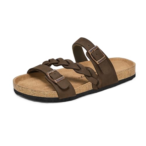 mysoft Womens Braided Cork Sandals Flat Adjustable Buckle Slides Slip-On Summer Shoes