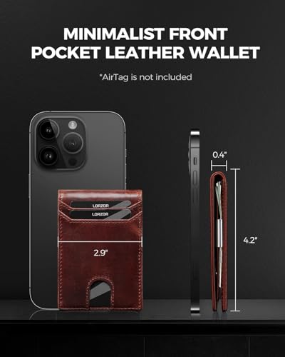LORZOR Mens Genuine Leather Wallet - AirTag Wallet for Men with Money Clip Slim Front Pocket RFID Blocking Card Holder, Minimalist Wallet Bifold with Present Box (Airtag Not Included)2