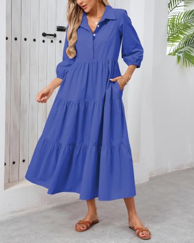 Image of Women Button Down Maxi Shirt Dress Long Sleeve Flowy Tiered Collared Dresses with Pockets