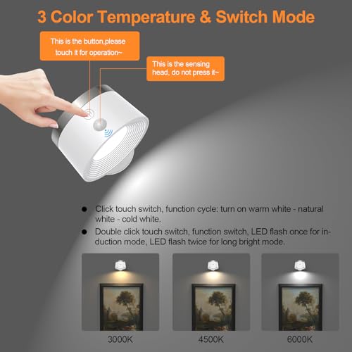 Image of Light Source Wall Sconces with Motion Sensor, Cordless LED Wall Night Lights 360Rotate & Rechargeable Battery Operated, 3 Color Temperatures & Dimmable Indoor Wall Light for Bedroom Bedside