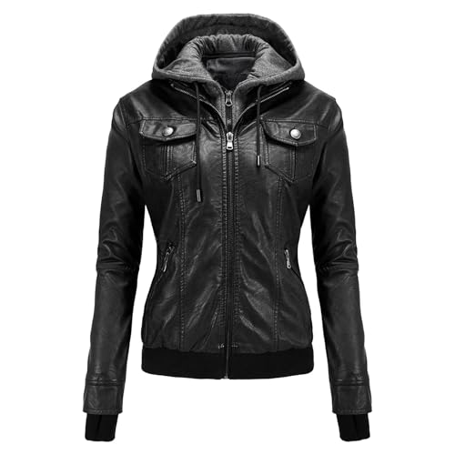 Chaqueta corta de cuero para mujer, con cremallera, estilo motero, de PU, con capucha extraíble