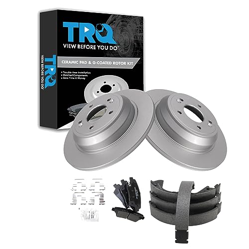 Image of TRQ Rear Brake Pad and Rotor Set Ceramic G Coated Rotors Parking Brake Shoe Compatible with 2016-2017 Kia K900
