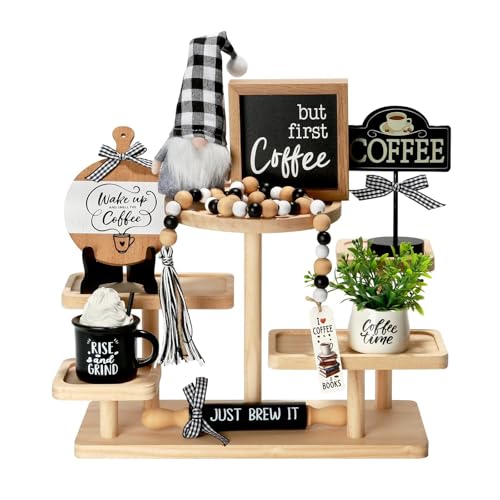 Coffee Bar Decor, 8 PCS Coffee Decorations Coffee Bar Accessories for Table Tiered Tray Shelf, Rustic Farmhouse Coffee Station Decor Tabletop Centerpieces Wooden Sign for Home Kitchen Office