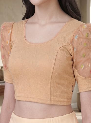Image of SFT Women's Cotton Lycra Blend Readymade Saree Blouse with Round Neck Half Sleeves Solid Pattern Knit Weave Regular Fit and Pull On Closure