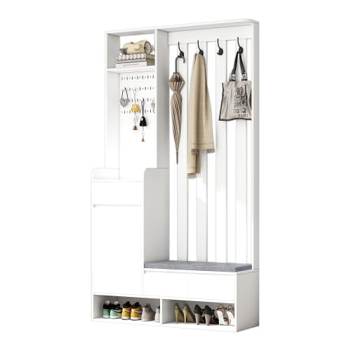 Flurgarderobe Garderobenset Garderobe Stecktafel mit Sitzbank & Stecktafel - Weiß, Schuhschrank Multifunktional mit 4 Haken & gepolsterter Bank, schmale 100 cm Breite für Eingangsbereich & Waschküche