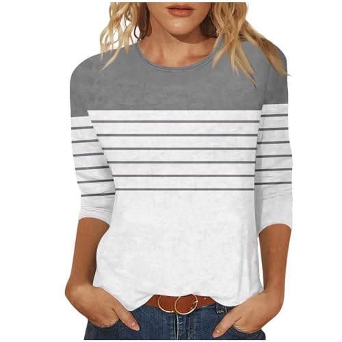 3/4 Length Sleeve Womens Tops Summer Three Quarter Striped Shirts Plus Size Trendy Casual Loose Fit Soft Blouse Tees B-Gray